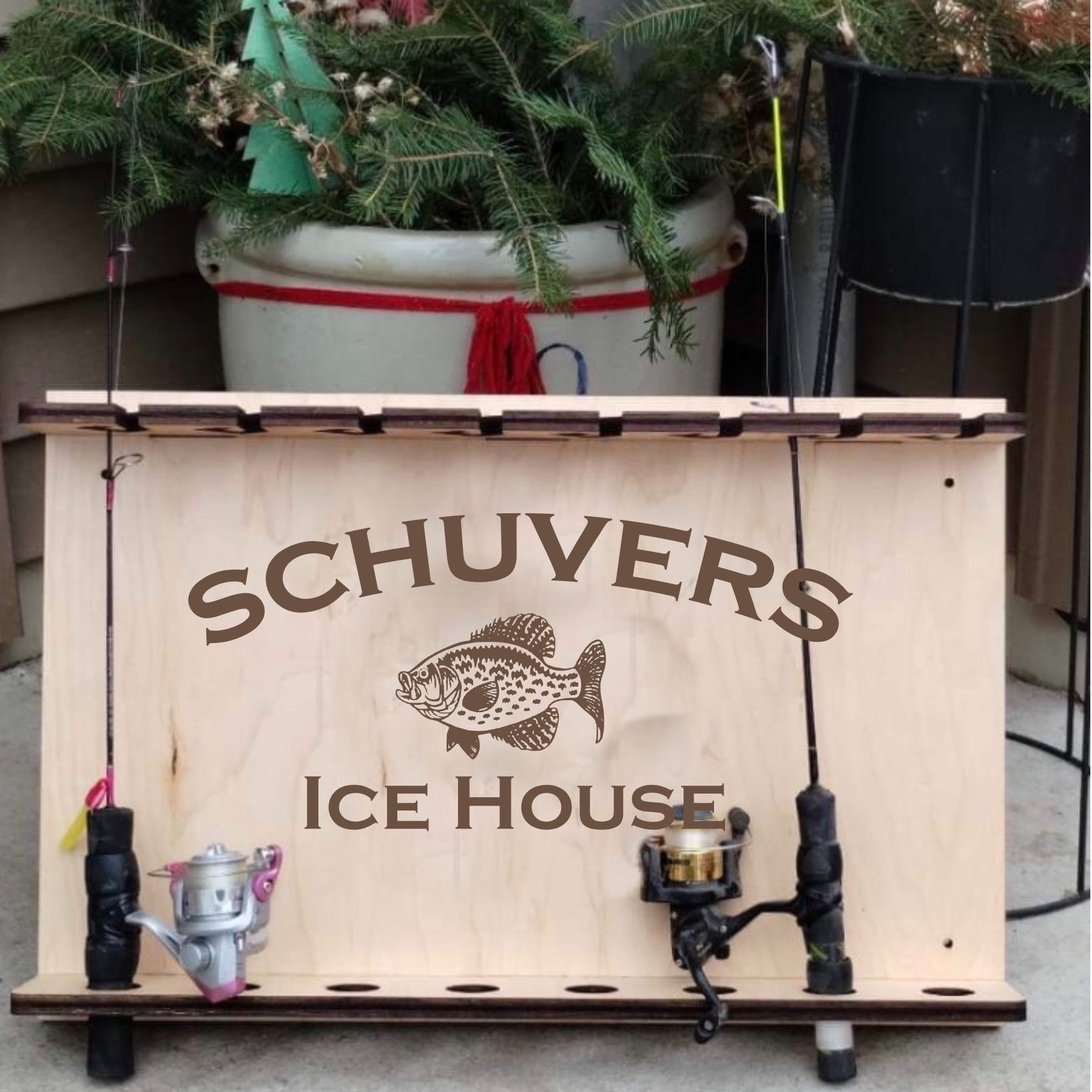 wooden ice fishing rod holder Personalized Ice House
